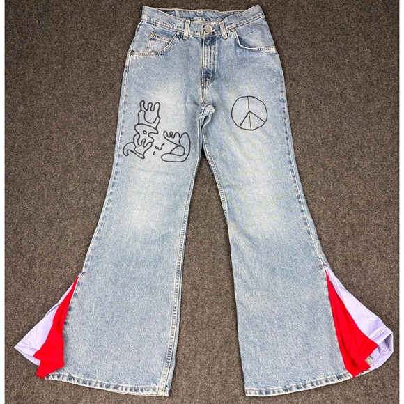 Levi's Denim - Vintage Levi's USA Y2K Reworked Flare Jeans Peace Sign Patchwork Boho Juniors 11